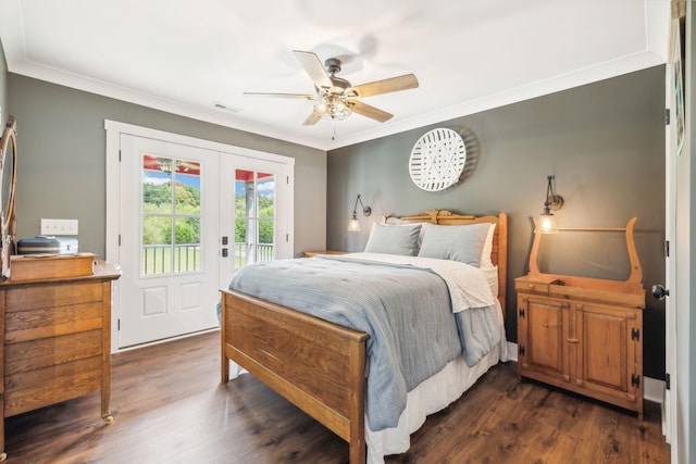 bedroom featuring access to exterior, ceiling fan, french doors, dark wood-type flooring, and ornamental molding