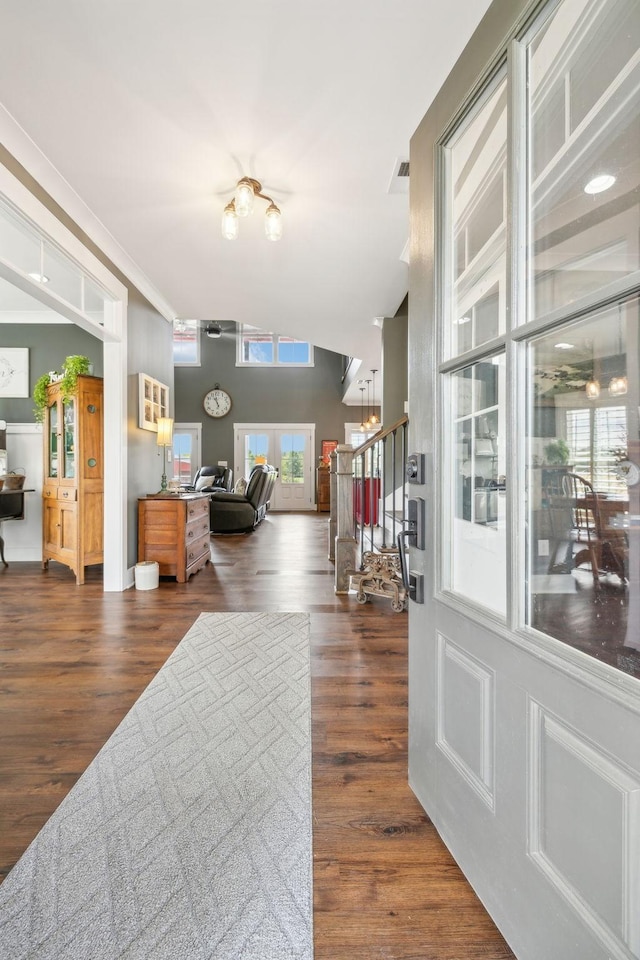 entrance foyer featuring lofted ceiling, plenty of natural light, and dark hardwood / wood-style floors