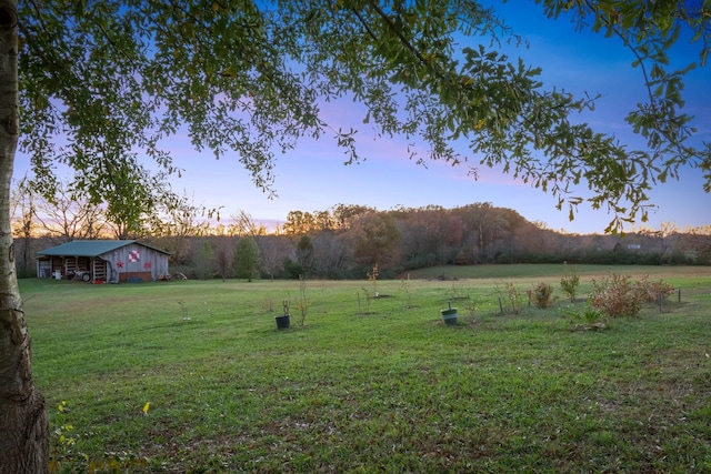 yard at dusk with a rural view and an outdoor structure