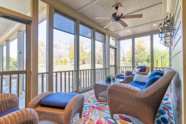 sunroom / solarium with ceiling fan, plenty of natural light, and wood ceiling