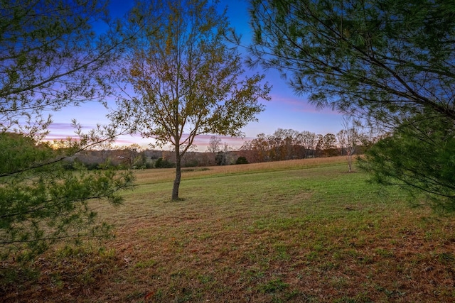 yard at dusk featuring a rural view