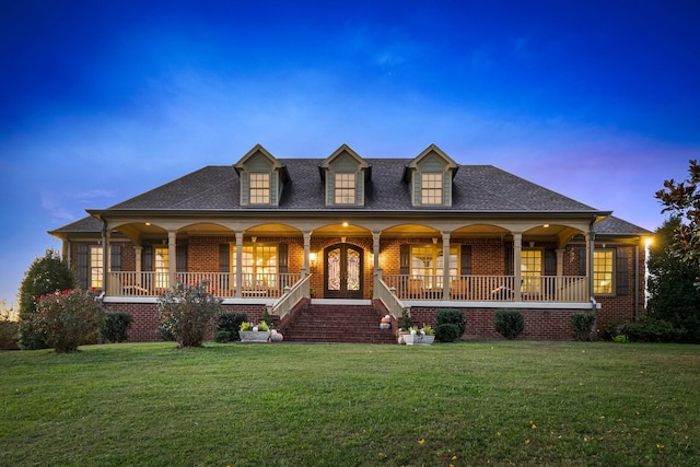 view of front of property with a porch and a yard