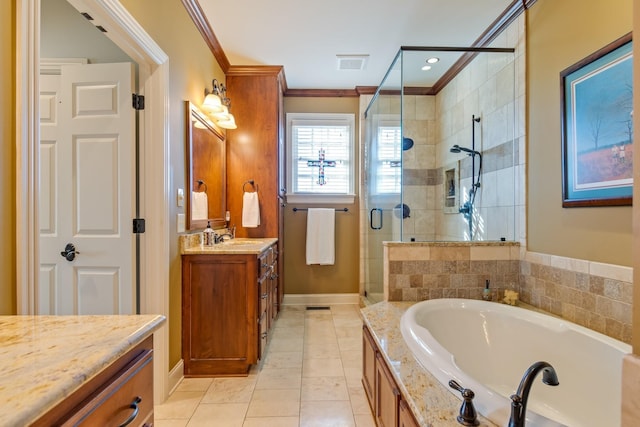 bathroom with crown molding, tile patterned flooring, vanity, and independent shower and bath