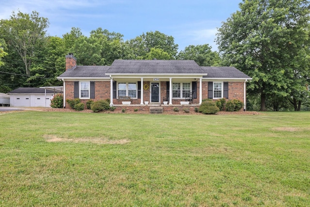 single story home with a porch and a front lawn