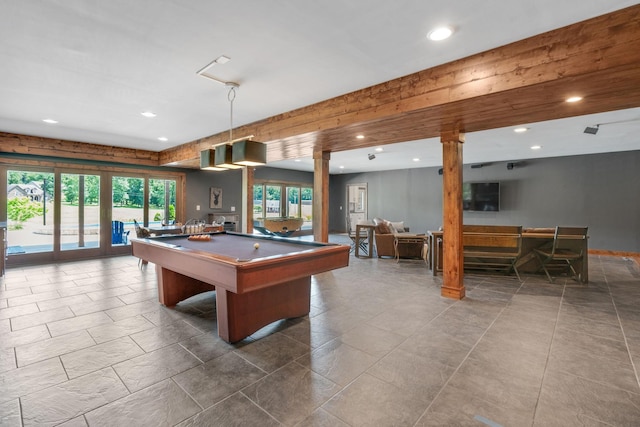 game room featuring billiards and ornate columns