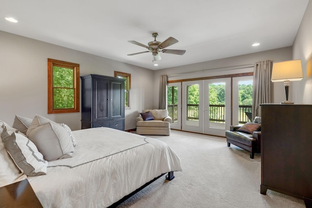 bedroom featuring access to outside, ceiling fan, french doors, and carpet