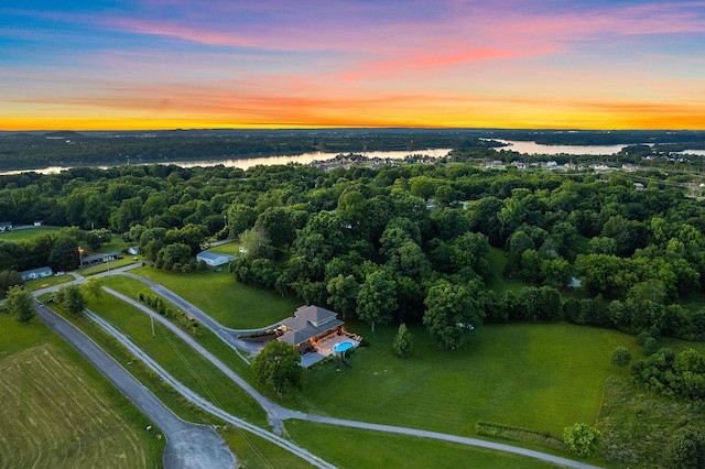 aerial view at dusk featuring a water view