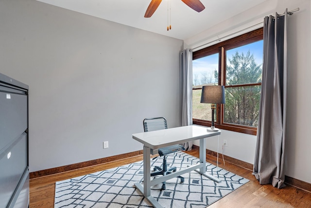 home office with ceiling fan and light hardwood / wood-style floors