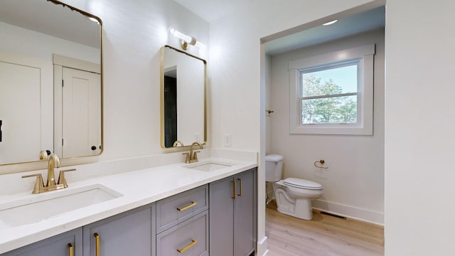 bathroom featuring hardwood / wood-style flooring, vanity, and toilet