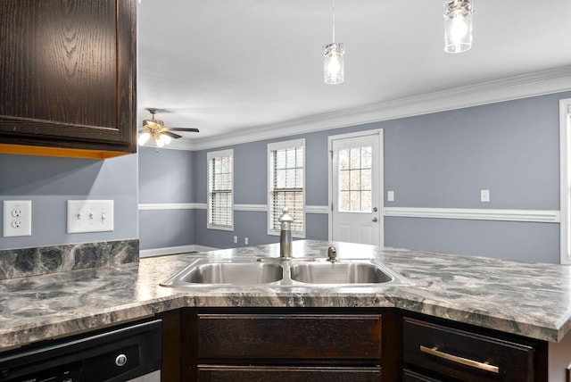 kitchen featuring dishwashing machine, sink, crown molding, and dark brown cabinets