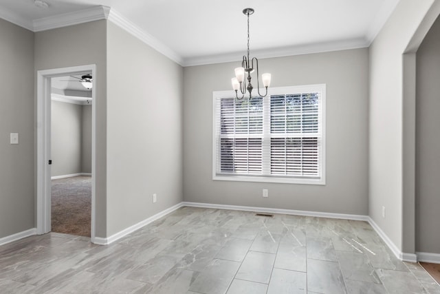 empty room with crown molding and ceiling fan with notable chandelier