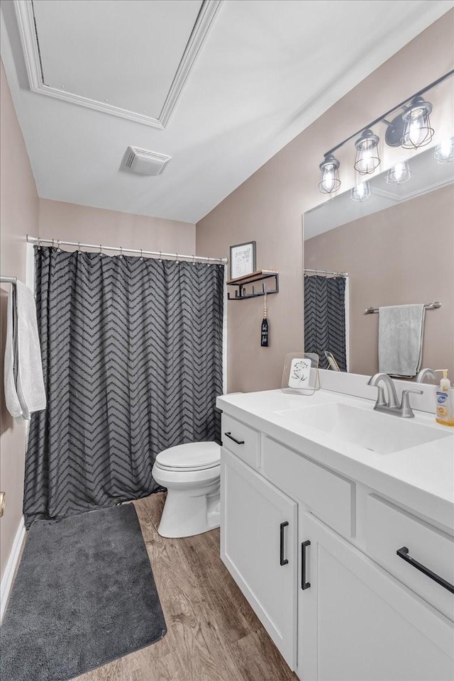 bathroom with hardwood / wood-style flooring, vanity, and toilet