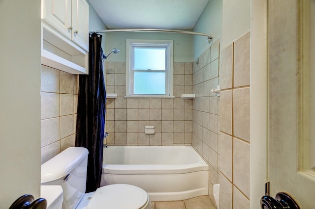 bathroom with tile patterned flooring, shower / bathtub combination with curtain, tile walls, and toilet