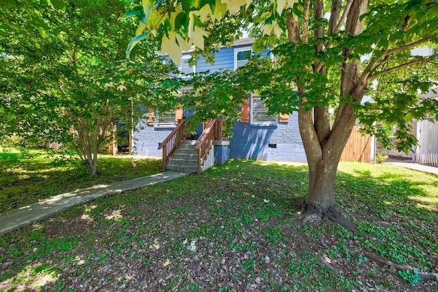 view of property hidden behind natural elements with a front yard