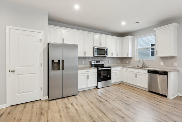 kitchen featuring white cabinetry, sink, light hardwood / wood-style flooring, backsplash, and appliances with stainless steel finishes