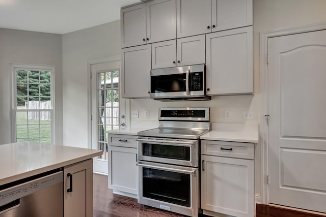 kitchen with dark hardwood / wood-style flooring, stainless steel appliances, and gray cabinets