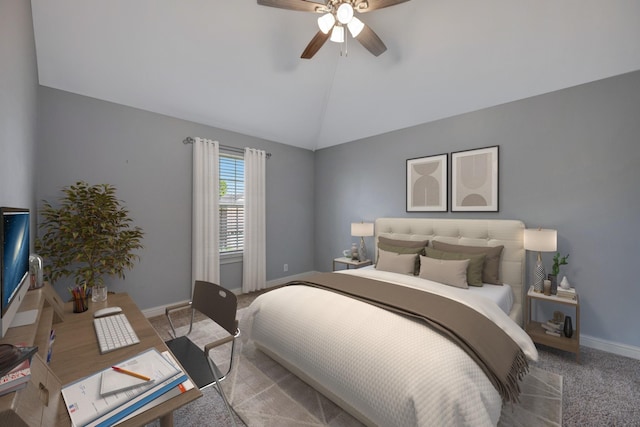 carpeted bedroom featuring ceiling fan and lofted ceiling