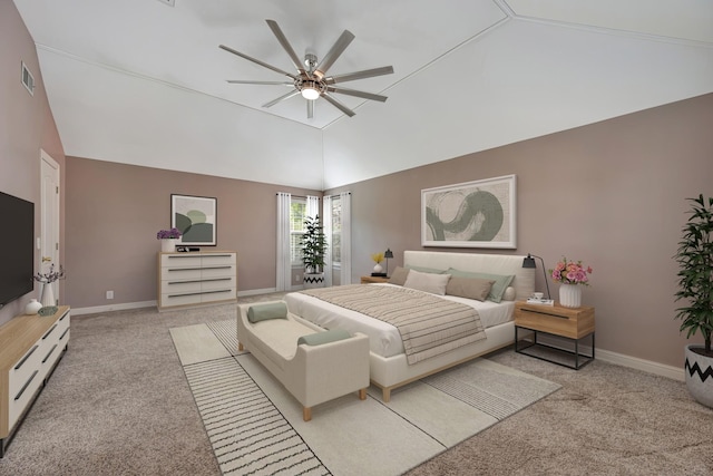 bedroom with ceiling fan, light carpet, and high vaulted ceiling