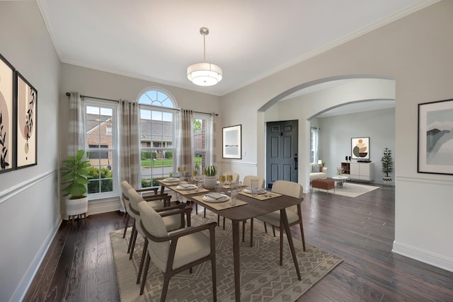 dining room featuring dark hardwood / wood-style flooring and ornamental molding