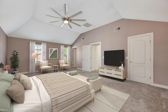 carpeted bedroom with ceiling fan and lofted ceiling