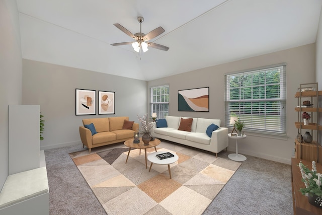 living room with light carpet, ceiling fan, and lofted ceiling