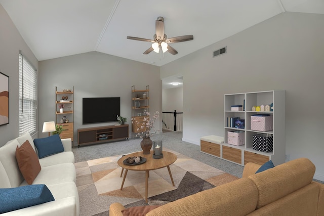 living room with ceiling fan, lofted ceiling, and light carpet