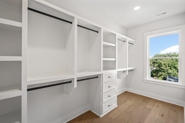 walk in closet with built in desk and light wood-type flooring