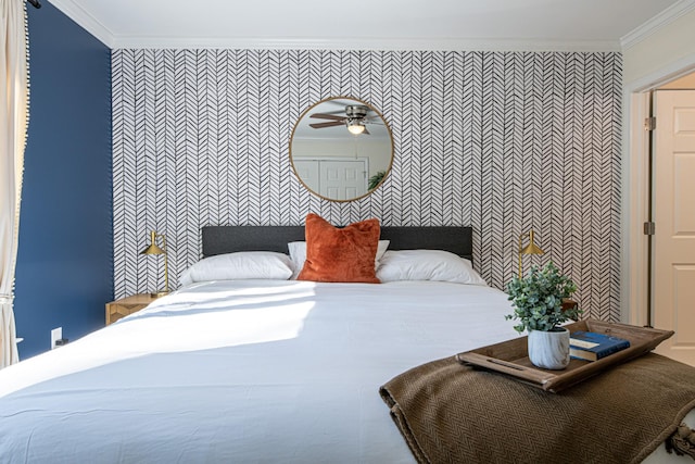 bedroom with ceiling fan and ornamental molding