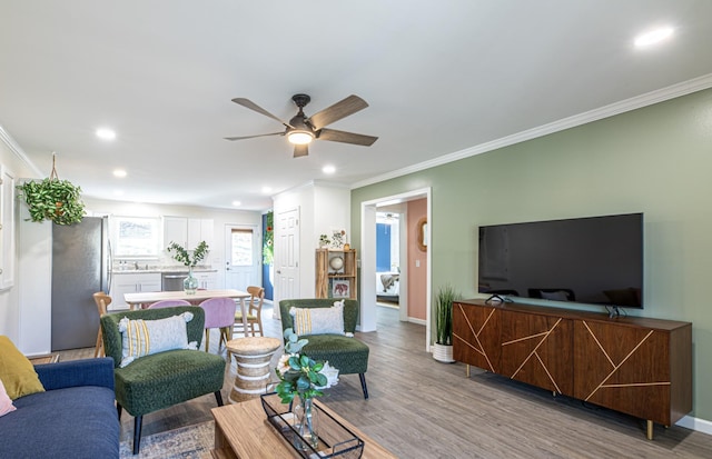 living room featuring ceiling fan, light hardwood / wood-style flooring, and ornamental molding