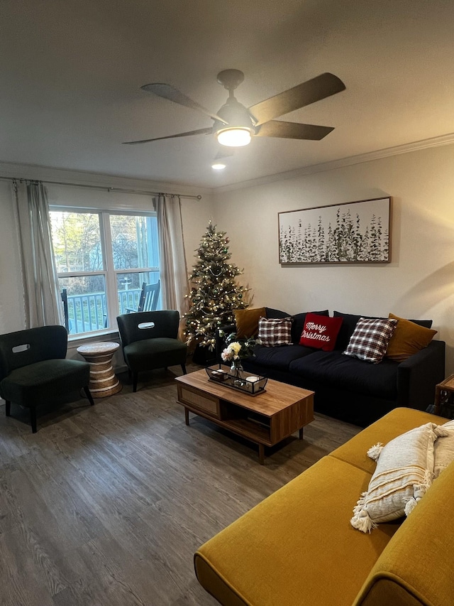 living room featuring dark wood-type flooring, ornamental molding, and ceiling fan