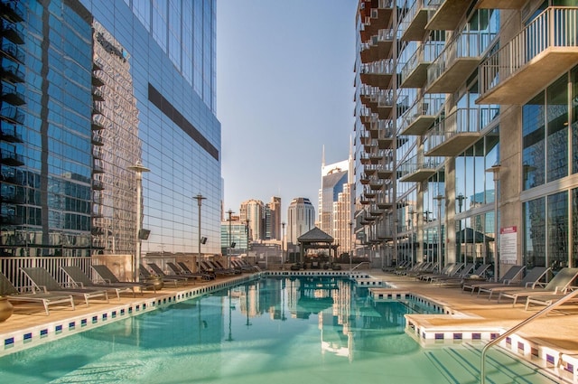 view of pool featuring a patio