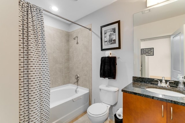 full bathroom featuring vanity, toilet, and shower / bathtub combination with curtain