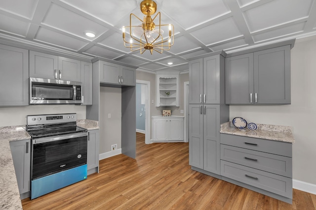 kitchen featuring gray cabinetry, an inviting chandelier, appliances with stainless steel finishes, and coffered ceiling