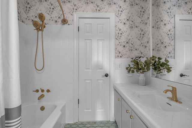 bathroom featuring vanity and shower / tub combo with curtain