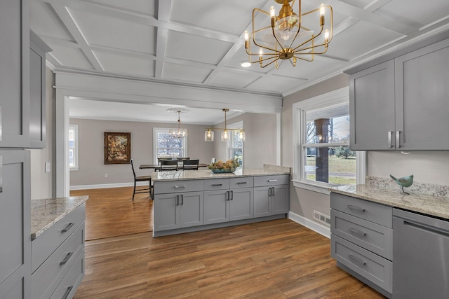 kitchen with pendant lighting, dishwasher, gray cabinets, and coffered ceiling