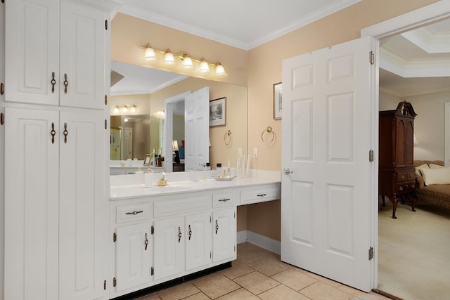 bathroom with vanity, tile patterned floors, and ornamental molding