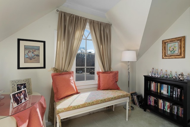 living area with carpet floors and lofted ceiling