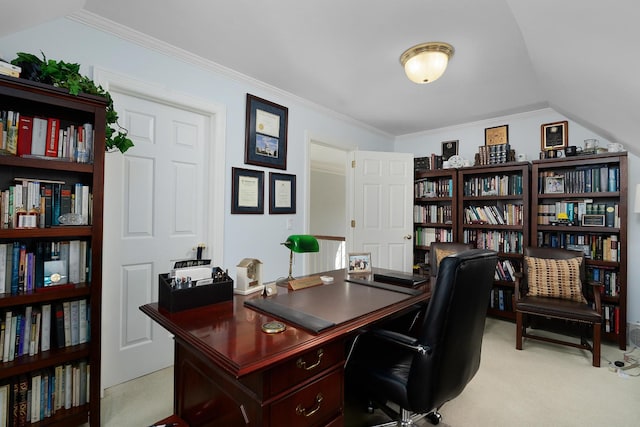 carpeted home office with crown molding