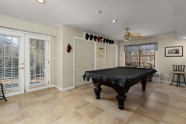 rec room with ceiling fan, a healthy amount of sunlight, and billiards