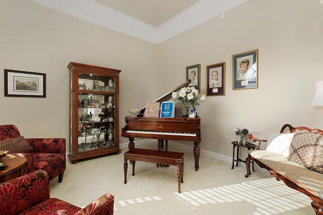 living area featuring carpet floors and crown molding