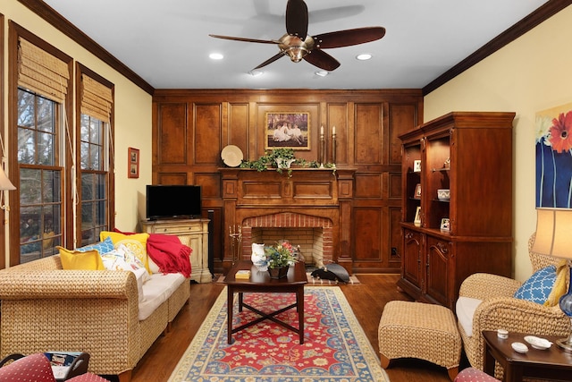 living room with a fireplace, dark hardwood / wood-style floors, ceiling fan, and crown molding