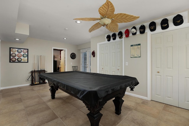 rec room with ceiling fan and pool table