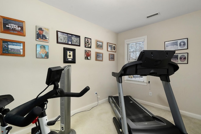 exercise area featuring light carpet