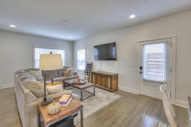 living room with a wealth of natural light and light wood-type flooring