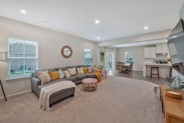 living room featuring light wood-type flooring and a wealth of natural light