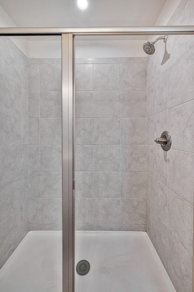 bathroom featuring a shower with shower door