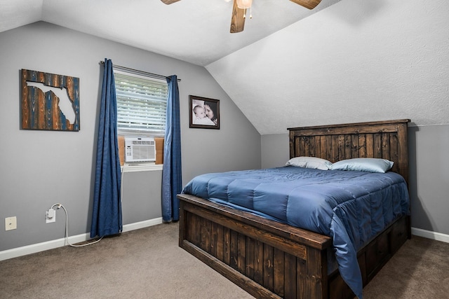 carpeted bedroom with ceiling fan, cooling unit, and lofted ceiling