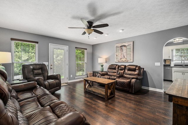 living room with ceiling fan, dark hardwood / wood-style flooring, sink, and a wealth of natural light