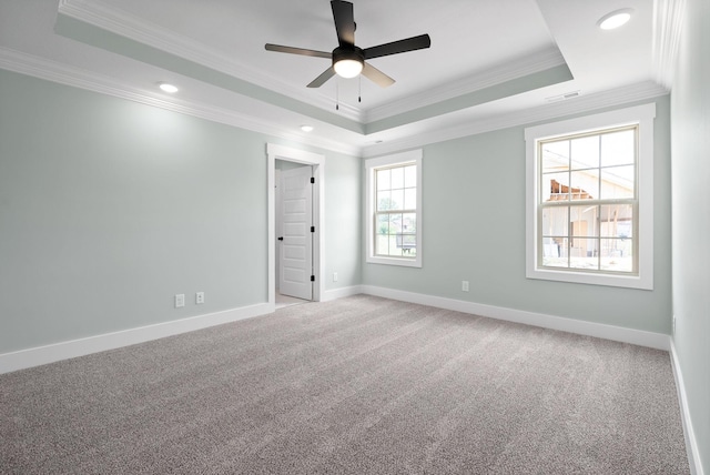 carpeted spare room with ceiling fan, a raised ceiling, and crown molding