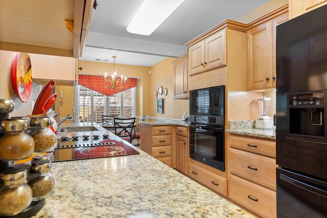 kitchen featuring light stone countertops, black appliances, light brown cabinets, a notable chandelier, and beamed ceiling